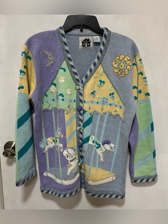 Storybook Knits Sweaters - RARE Vintage Storybook Knits Women's MED Blue Purple Carousel Horses Cardigan